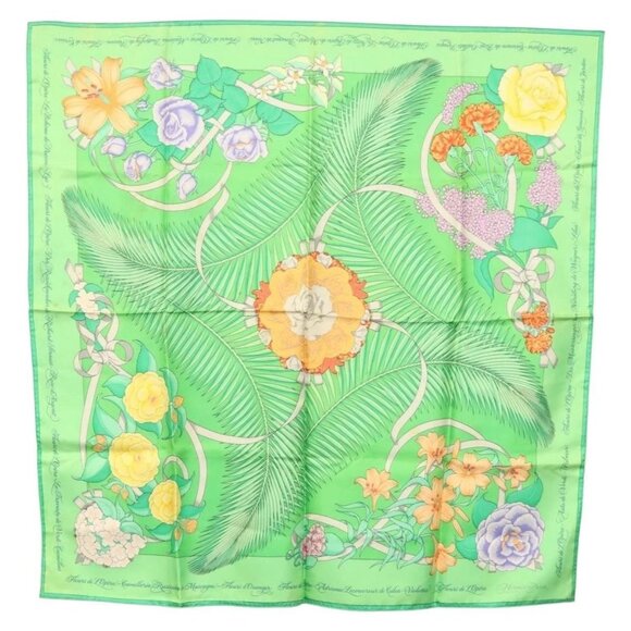 Share HERMES Carre 90 Scarf ""Fleurs de L'Opera"" Silk Green Auth ki5895 - Picture 1 of 16